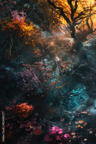 A colorful underwater scene with a variety of plants and flowers. Scene is vibrant and lively, with the bright colors of the plants and flowers creating a sense of energy and movement
