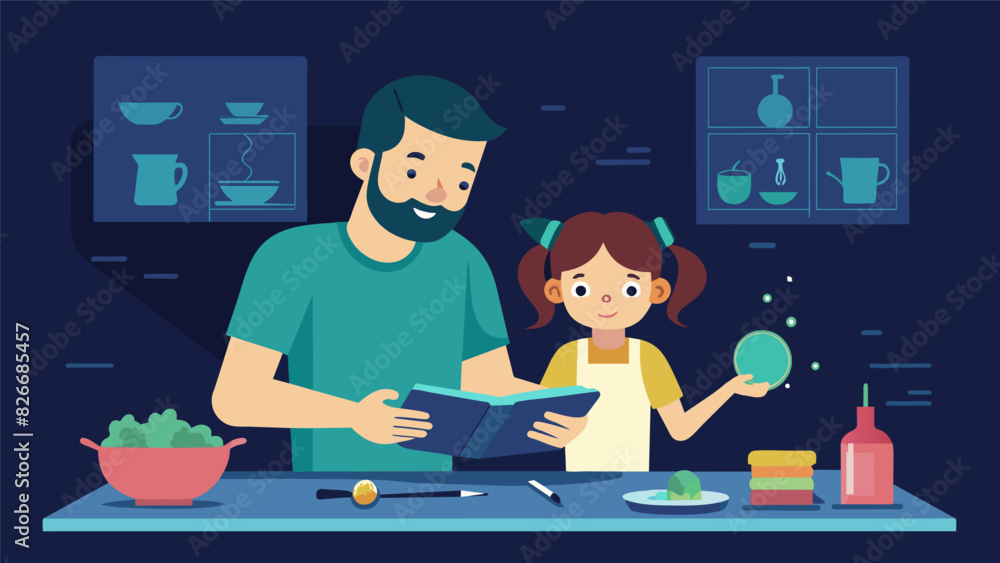 A father and daughter sitting at the kitchen table their faces lit up by the glow of an augmented reality cookbook the ingredients and instructions. Vector illustration