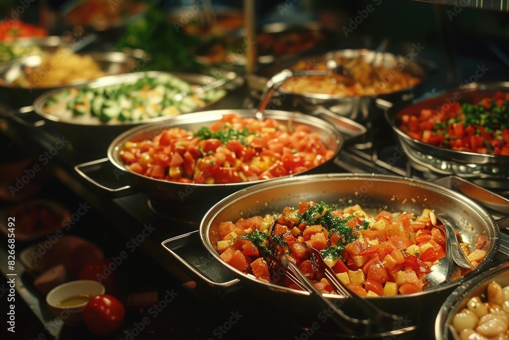 Fototapeta premium A table full of food with a variety of dishes including a large bowl of tomatoes. The table is set up for a buffet style meal