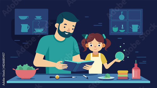 A father and daughter sitting at the kitchen table their faces lit up by the glow of an augmented reality cookbook the ingredients and instructions. Vector illustration