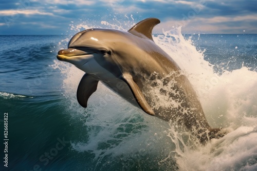 A dolphin is leaping out of the water  creating a splash. Concept of freedom and joy  as the dolphin is in its natural habitat and enjoying the ocean