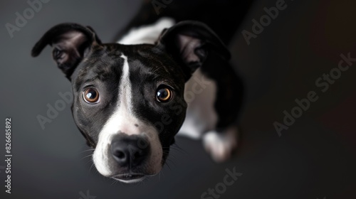 A black and white dog with a black nose and white ears is looking up at the camera. The dog's eyes are wide open, and it is curious or alert. The image has a sense of focus and intensity © vefimov