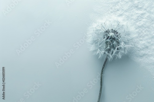 A dandelion is blowing in the wind and is surrounded by snow. The image has a serene and peaceful mood  as the dandelion is the only living thing in the scene