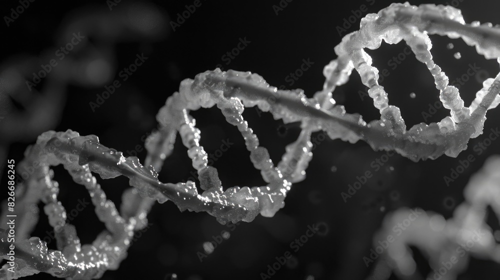 A close up of a DNA strand with a lot of detail. The strand is made up of many small beads, and it is frozen in time. Concept of complexity and intricacy A close up of a DNA strand with a lot of detail. The strand is made up of many small beads, and it is frozen in time. Concept of complexity and intricacy