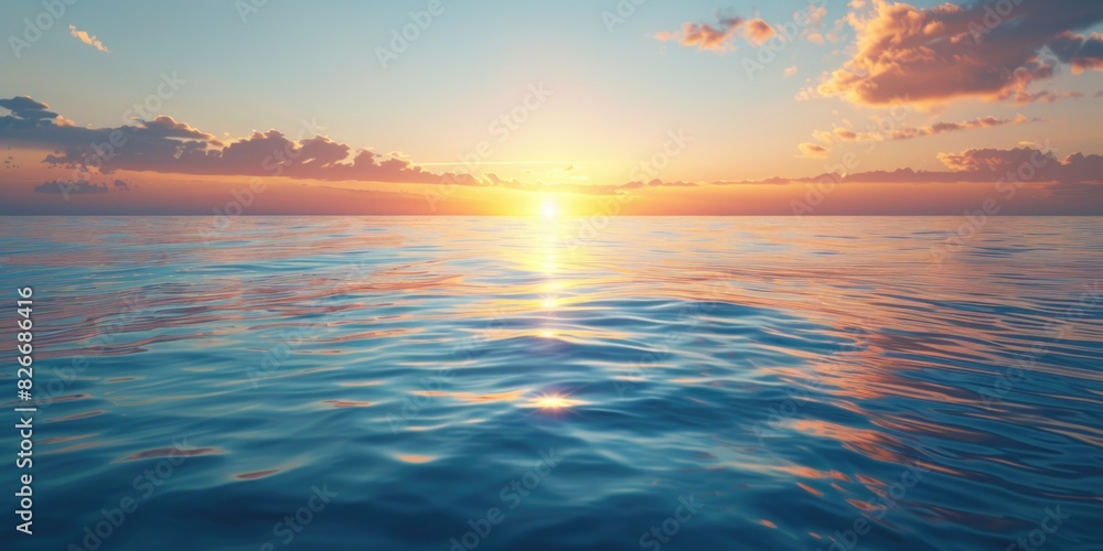 Obraz premium The ocean is calm and the sun is setting, creating a beautiful and serene atmosphere. The water is a deep blue color, and the sky is filled with clouds, adding to the peacefulness of the scene