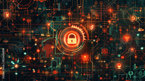 A stylized digital illustration depicting cybersecurity concepts with a prominent lock symbol at the center surrounded by various technology and security-related icons and circuits. photo