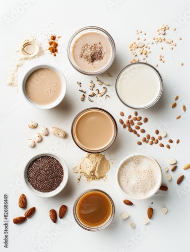 A white background with a variety of food items including nuts, seeds, and coffee. Concept of abundance and variety, with a focus on healthy and nutritious foods