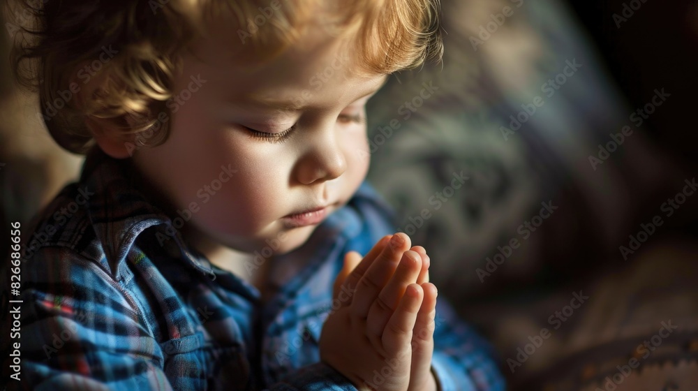 A young child is praying with his hands together. The child is wearing a blue shirt and has blonde hair A young child is praying with his hands together. The child is wearing a blue shirt and has blonde hair