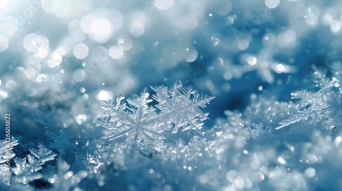 A snowflake is on top of a blue surface. The snowflake is surrounded by other snowflakes  creating a beautiful and serene scene. The blue color of the surface