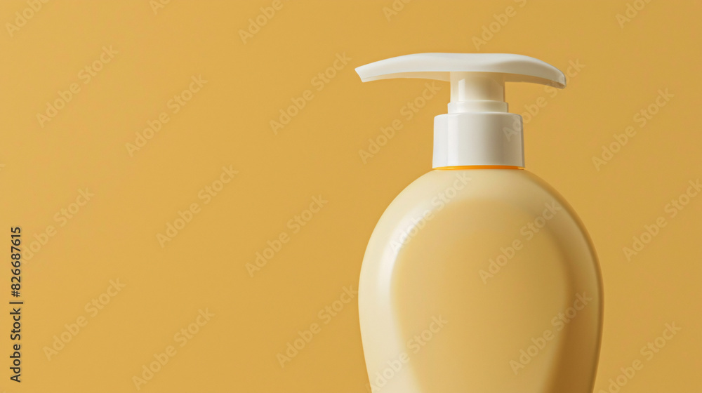 Yellow cosmetic bottle on yellow background. Yellow cosmetic bottle with pump dispenser on yellow background, copy space. Liquid soap, shampoo, shower gel packaging mockup Yellow cosmetic bottle on yellow background. Yellow cosmetic bottle with pump dispenser on yellow background, copy space. Liquid soap, shampoo, shower gel packaging mockup