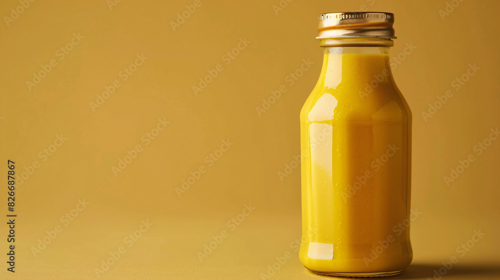 Yellow drink in bottle on yellow background. Refreshing yellow beverage in a glass bottle, perfect for showcasing summer drinks, health drinks, or juice brands. Yellow drink in bottle on yellow background. Refreshing yellow beverage in a glass bottle, perfect for showcasing summer drinks, health drinks, or juice brands.