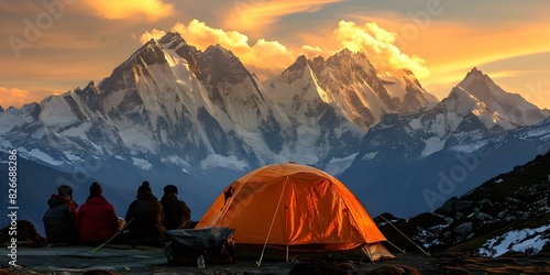 High-Altitude Camping: Embrace the Thrill of Stunning Mountain Peak Views. Concept Mountain Camping, High Altitude Adventure, Wilderness Exploration, Peak Views, Nature Excursion photo