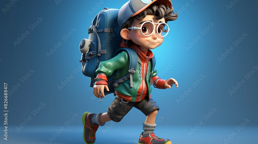 Fototapeta premium A photo of a 3D character with a backpack and trail running