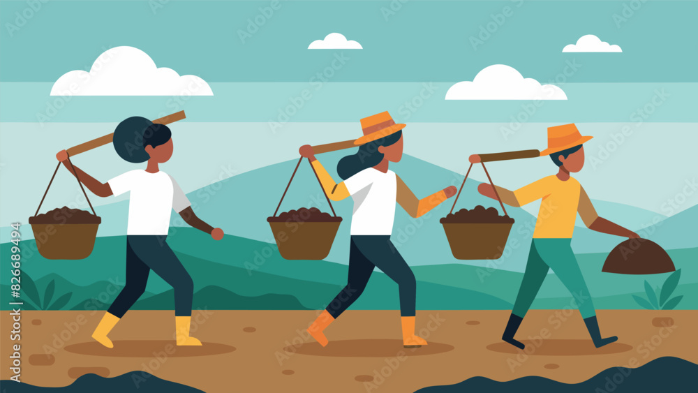 Fototapeta premium Groups of workers carrying handheld baskets filled to the brim with damp peat on their backs as they make their way out of the bog.. Vector illustration