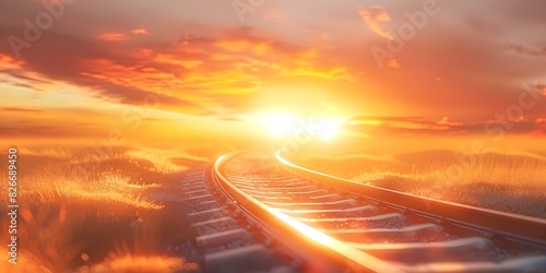D railway track disappearing into sunset over golden landscape. Concept Golden Hour Photography, Sunset Silhouettes, Outdoor Scenery, Railway Track Scenery © Ян Заболотний