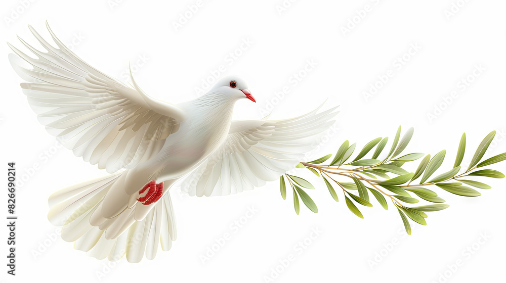 Fototapeta premium A white dove holding an olive branch, a symbol of peace