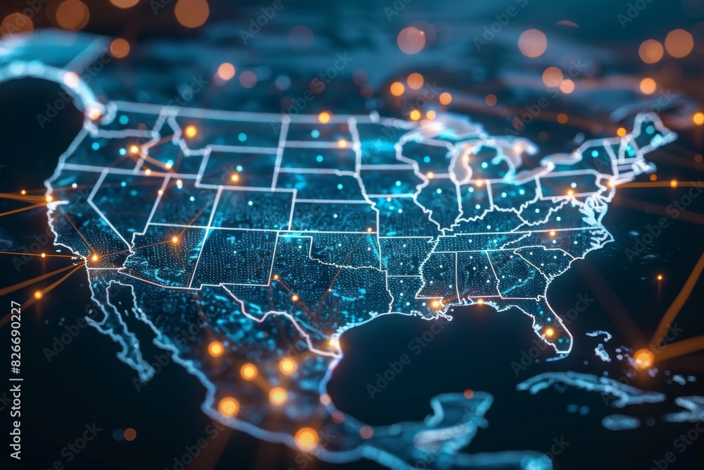 Digital map of america network connectivity created with generative ai Digital map of america network connectivity created with generative ai