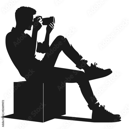 Photographer at Rest - Vector Silhouette of a Man Sitting and Capturing Moments, Graphic flat design drawing stylized male photographer of paparazzi taking photo with modern digital camera with angles