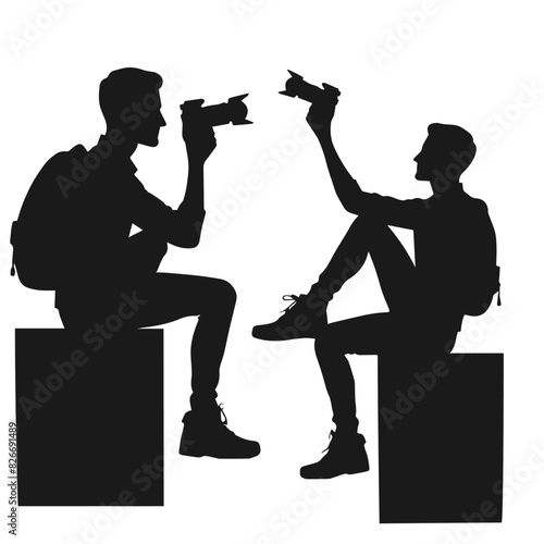 Photographer at Rest - Vector Silhouette of a Man Sitting and Capturing Moments, Graphic flat design drawing stylized male photographer of paparazzi taking photo with modern digital camera with angles