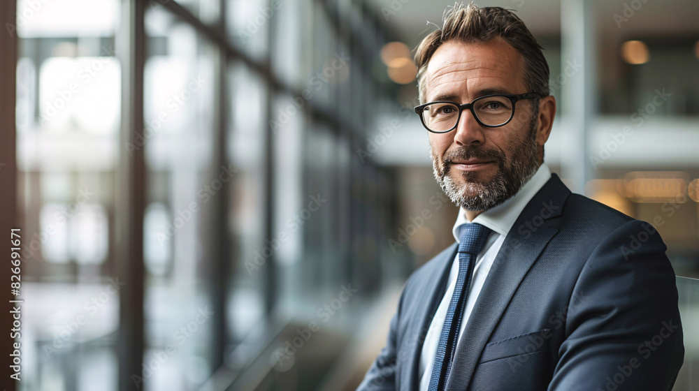 Fototapeta premium Confident businessman portrait, corporate office setting. Portrait of a confident mature businessman in a modern office, conveying experience and success.