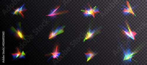 Set of prism distortion effects. Abstract diamond caustics, lens light effects and a colorful set of crystal lens flare vector overlays. Glowing bright rays and colorful light effects. Vector 10 EPS