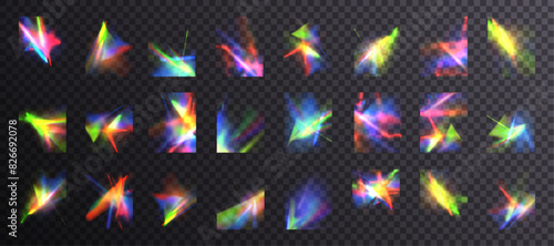 Rainbow light rays, lens flare, reflection effect from crystal, glass or gem. Vector realistic illustration set of light leak effect with spectrum glare, prism refraction, lens flare	
