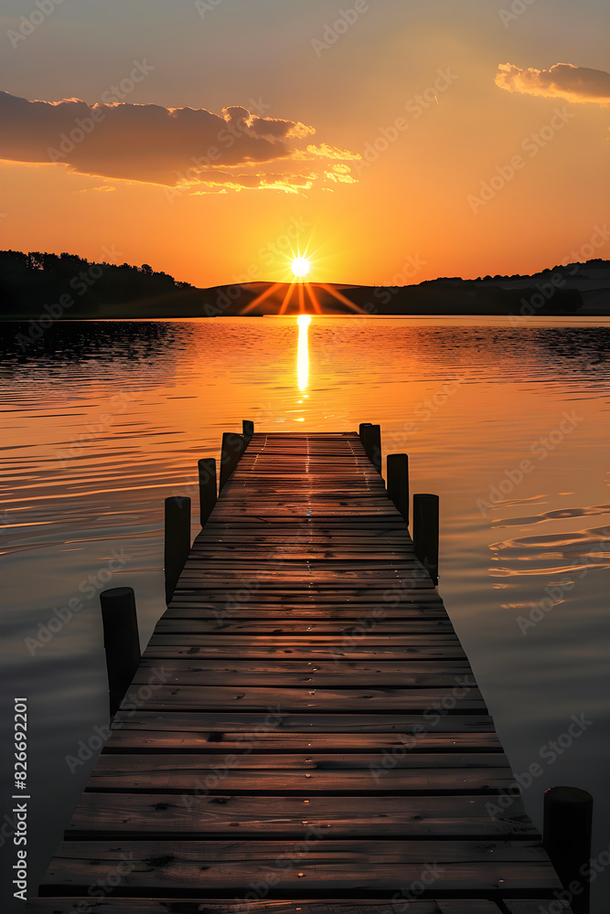 Tranquil Sunset Over Serene Lake with Silhouetted Hills and Wooden Pier