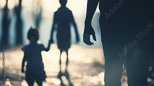 Silhouette of a man against the background of a silhouette of a woman and a child. (ID: 826692451)