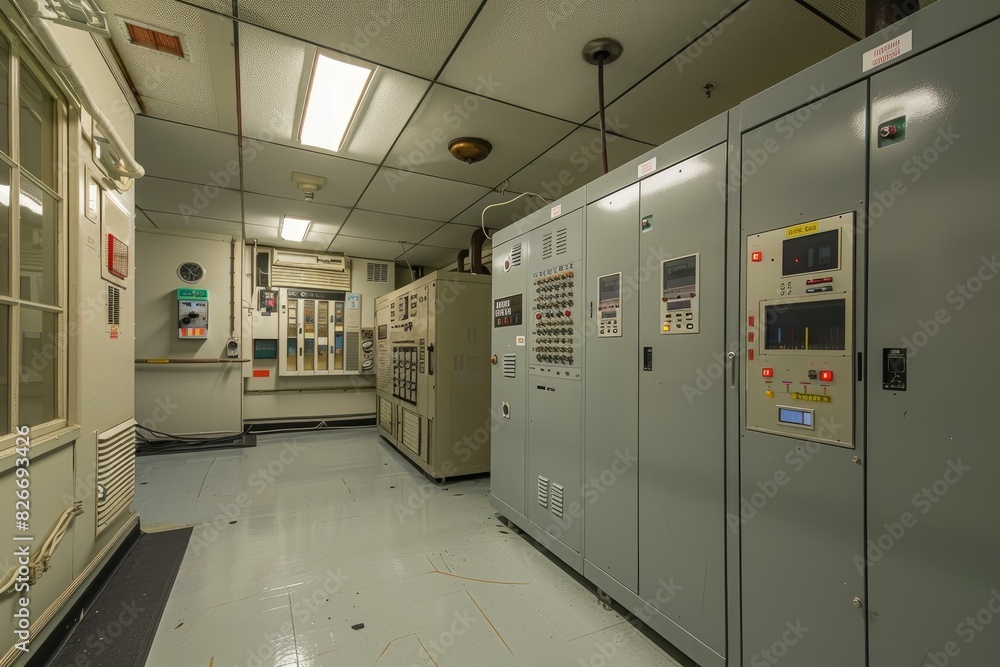 Wideangle view of a control room with various electrical switchgear and panels Wideangle view of a control room with various electrical switchgear and panels