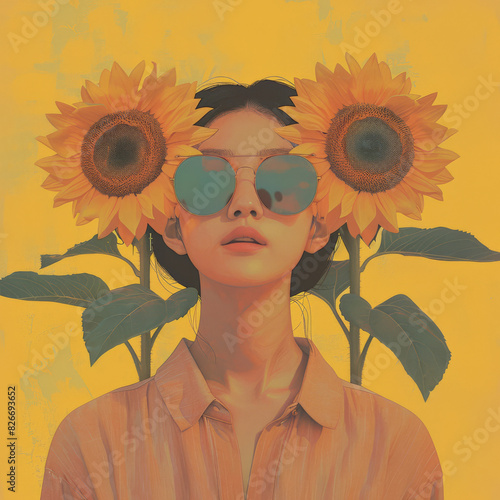 sunflowers covering eyes of a Korean woman - hyperpop and abject art and fine art - Album Covers photo