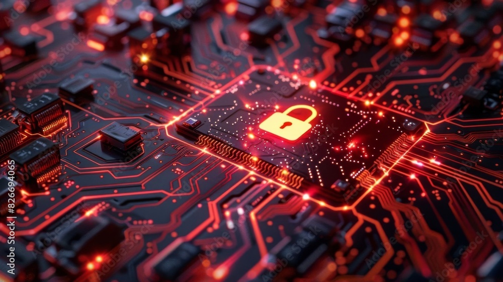 A vibrant red circuit board shining with energy, showcasing a central padlock icon for advanced security technology A vibrant red circuit board shining with energy, showcasing a central padlock icon for advanced security technology