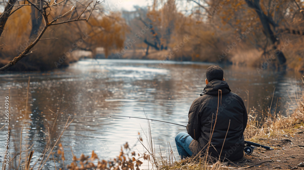 Obraz premium Fisherman enjoying peaceful autumn day on riverbank. Man sits on riverbank with fishing rod, enjoying the peace and quiet of nature on a crisp autumn day.