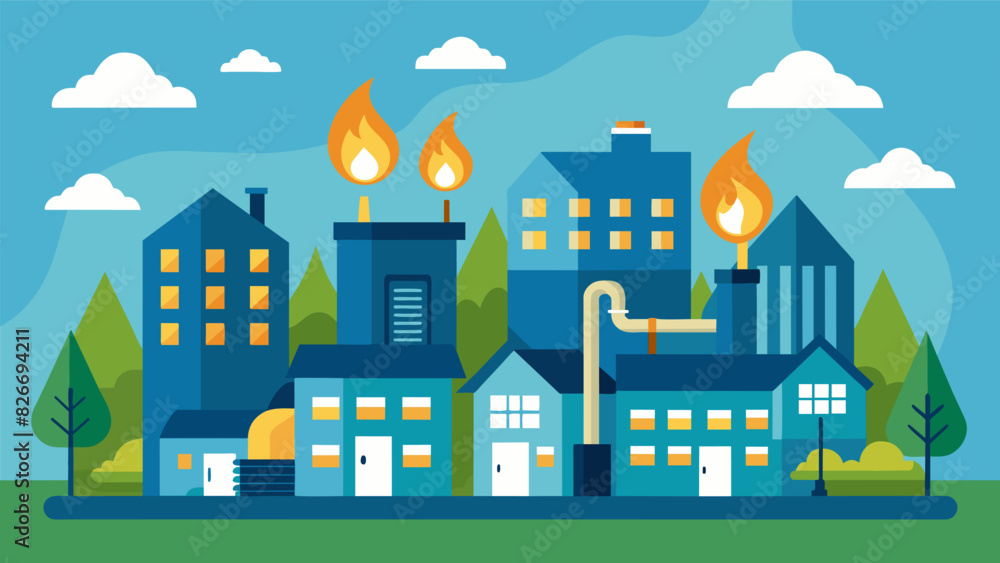 An elegant housing complex powered entirely by natural gas showcasing the potential of this clean and efficient energy source in city living.. Vector illustration An elegant housing complex powered entirely by natural gas showcasing the potential of this clean and efficient energy source in city living.. Vector illustration