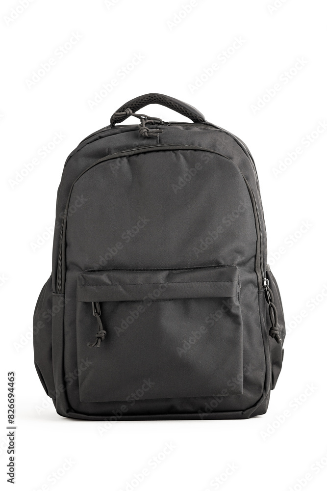 Black backpack on white isolated background. Back to school, education, childhood, primary school theme. Black backpack on white isolated background. Back to school, education, childhood, primary school theme.