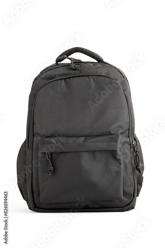 Black backpack on white isolated background. Back to school, education, childhood, primary school theme.