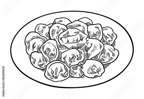 Dumplings vareniki in a plate. Hand drawn vector illustration, sketch on a white background.