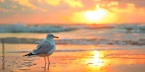 Dusk Delight Seagulls on Horizon at Sunset, Sunset Seagulls Coastal Beauty in Twilight