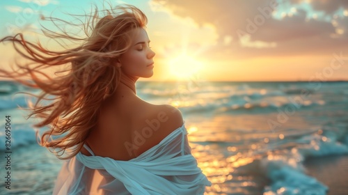 A peaceful scene of a woman standing by the seashore at sunset, with flowing hair and wearing white fabric. The serene atmosphere is enhanced by the ocean, beach, waves, and gentle wind