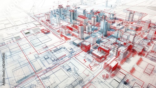 Fototapeta Naklejka Na Ścianę i Meble -  Futuristic City Model with Red Accents