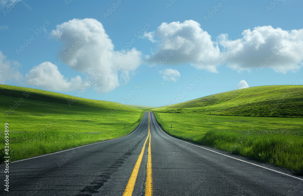 Endless Road Through Green Grass and Blue Sky
Endless Road Through Green Grass and Blue Sky