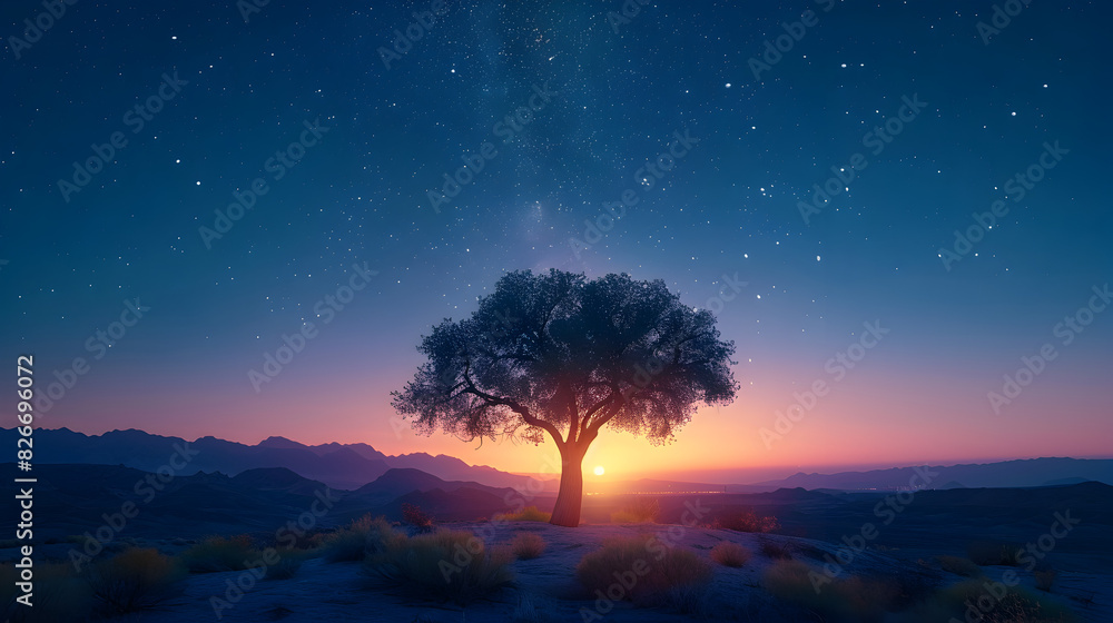 Star-Filled Night Sky Above a Joshua Tree in a Stunning Desert Scene Star-Filled Night Sky Above a Joshua Tree in a Stunning Desert Scene