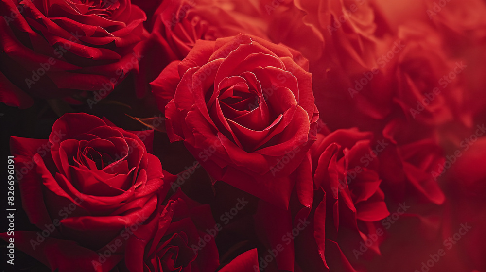 Fototapeta premium Romantic red roses bouquet. Close up image of a luxurious bouquet of red roses, perfect for Valentines Day, anniversaries, or romantic occasions.