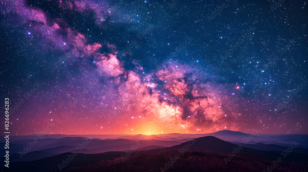 Naklejka premium Starry Night Sky Illuminating the Peaks of a Majestic Mountain Range