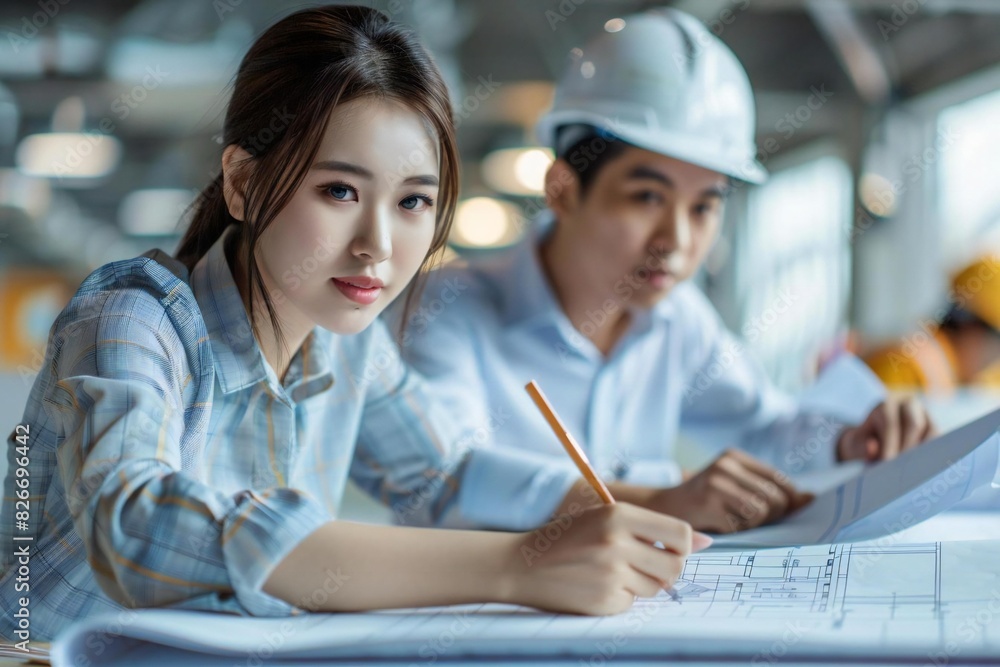 Close-up photo of female Caucasian architect working together with mature male Asian engineer using blueprint in office meeting room. Close-up photo of female Caucasian architect working together with mature male Asian engineer using blueprint in office meeting room.