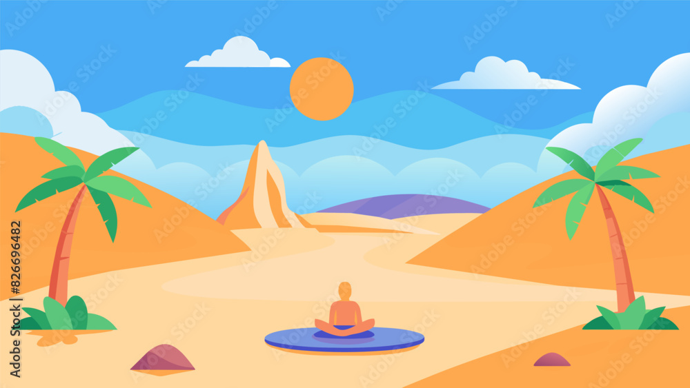 A virtual oasis in the desert with soft sand and gentle winds to create a soothing atmosphere for your cooldown yoga session.. Vector illustration