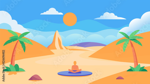 A virtual oasis in the desert with soft sand and gentle winds to create a soothing atmosphere for your cooldown yoga session.. Vector illustration