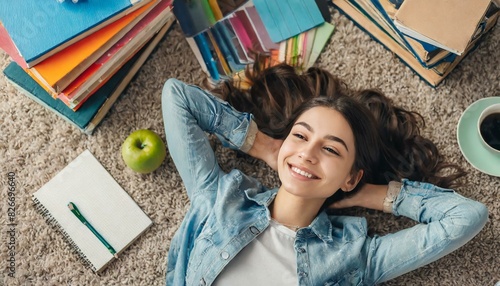 jovem estudante cercada de livros deitada no chão do quarto photo