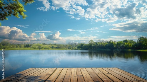 Fototapeta Naklejka Na Ścianę i Meble -  Sky background enhances wooden floor platform overlooking a lake