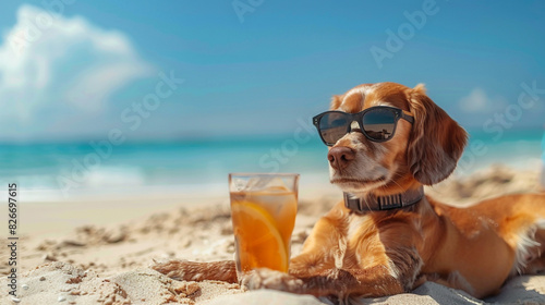 Dog lounging on beach, wearing sunglasses, summer vibes, refreshing drink