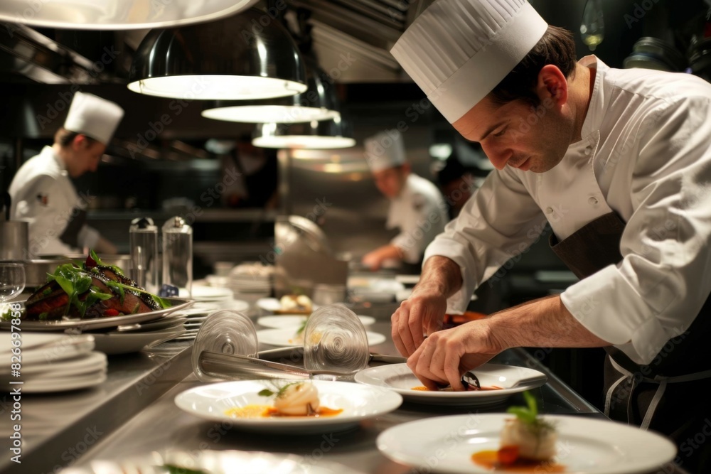Chef Carefully Plating a Gourmet Dish in a Restaurant Kitchen. Chef Carefully Plating a Gourmet Dish in a Restaurant Kitchen.